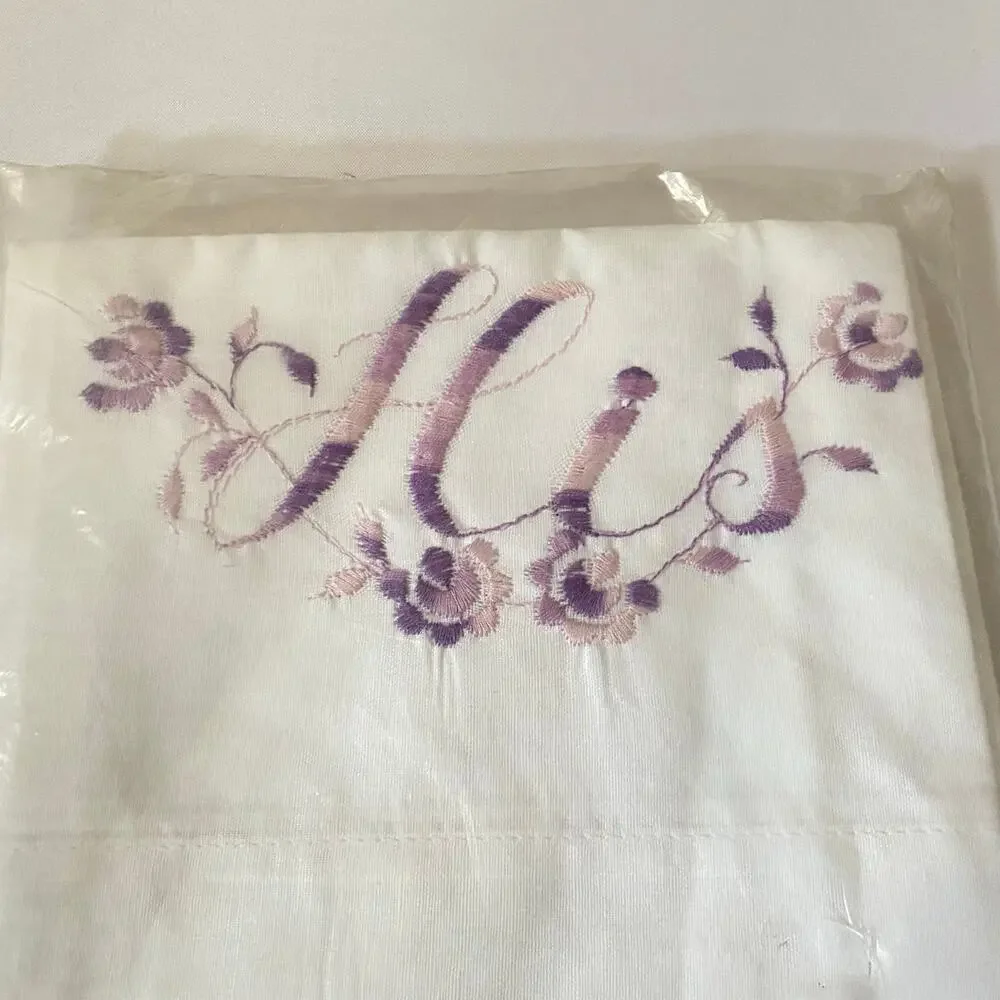 Vtg His Hers Pillowcases Set 2 Purple Floral Embroidery Cotton NIP Cottagecore